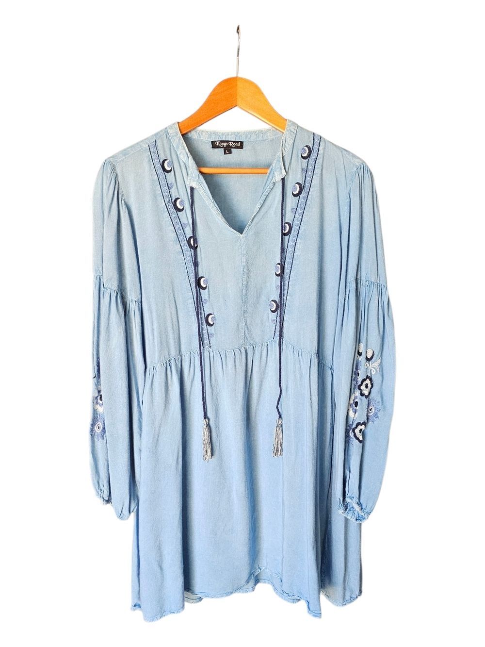 Kings Road Rayon Tunic Top Large Blue Embroidered Boho Peasant Tassel Festival